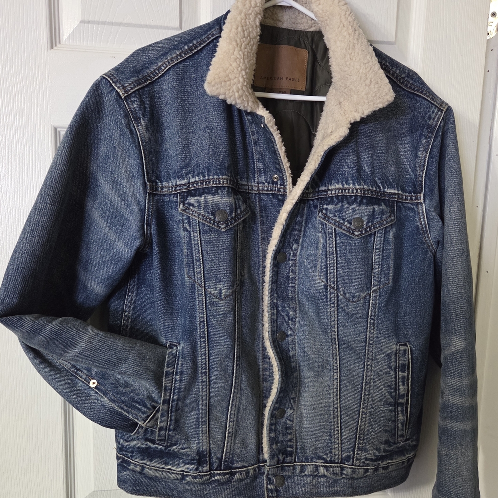 American Eagle Outfitters Blue Denim Jacket with Cream Lining